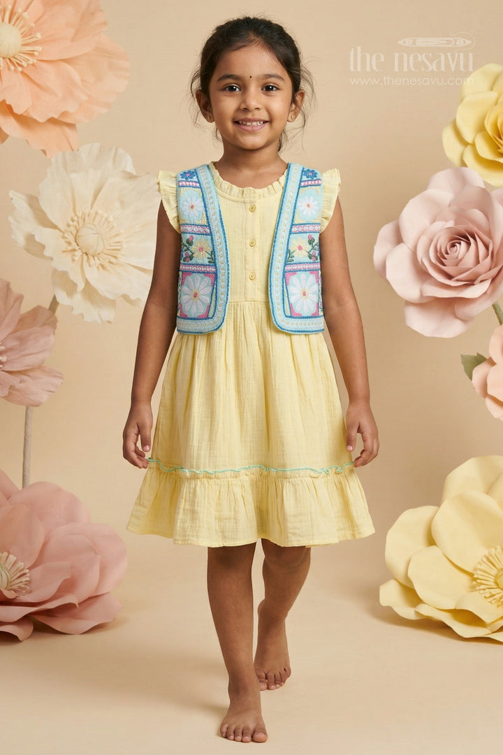 The Nesavu Girls Cotton Frock Girls Muslin Cotton Frock with Embroidered Jacket for Festive Outings and Celebrations Nesavu Nesavu Girls Muslin Cotton Frock With Embroidered Jacket For Festive Celebrations