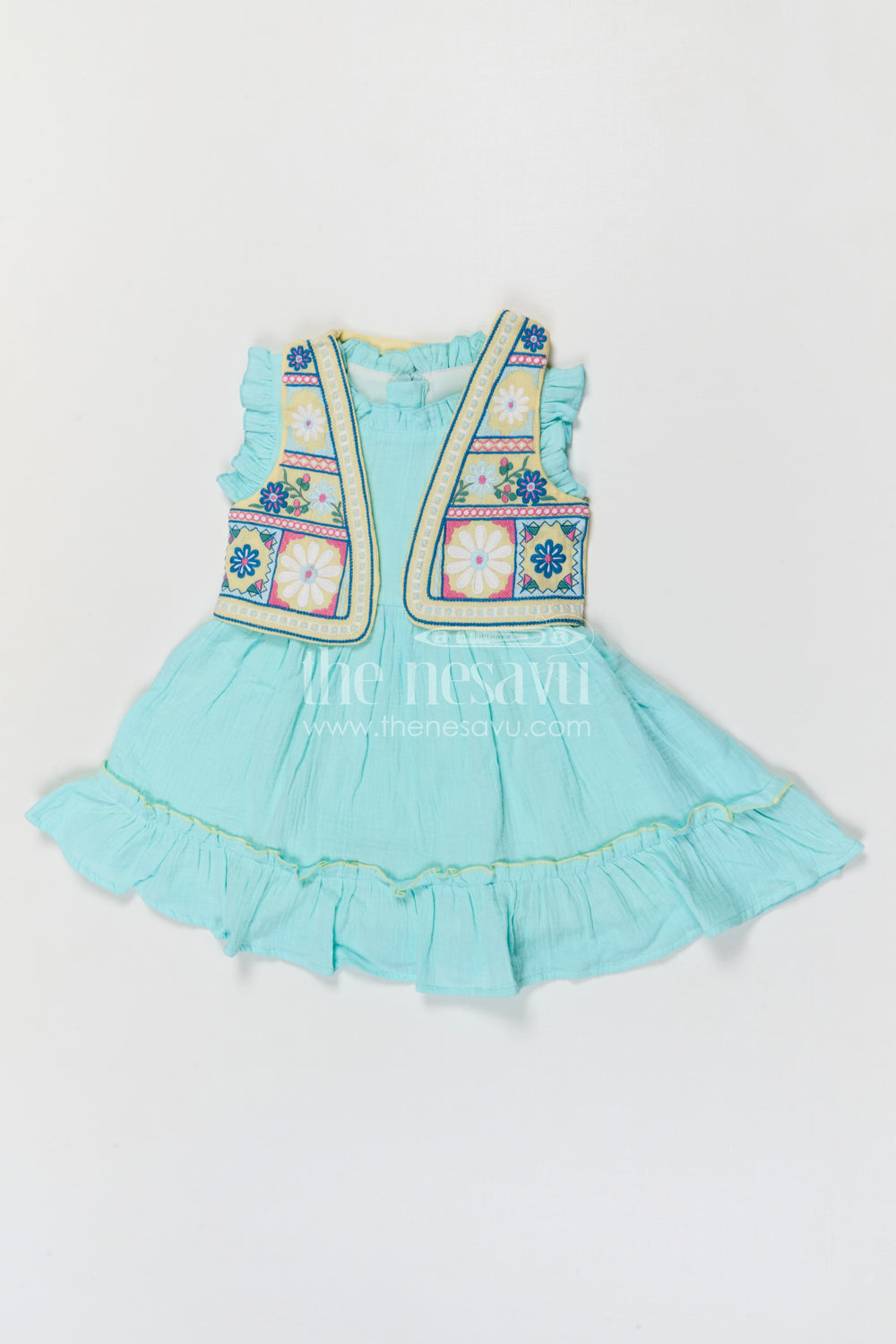 The Nesavu Girls Cotton Frock Girls Muslin Cotton Frock with Embroidered Jacket for Festive Outings and Special Occasions Nesavu 20 (3Y) / Turquoise / Muslin Cotton GFC2157B-20 Nesavu Girls Muslin Cotton Frock With Embroidered Jacket For Festive Celebrations
