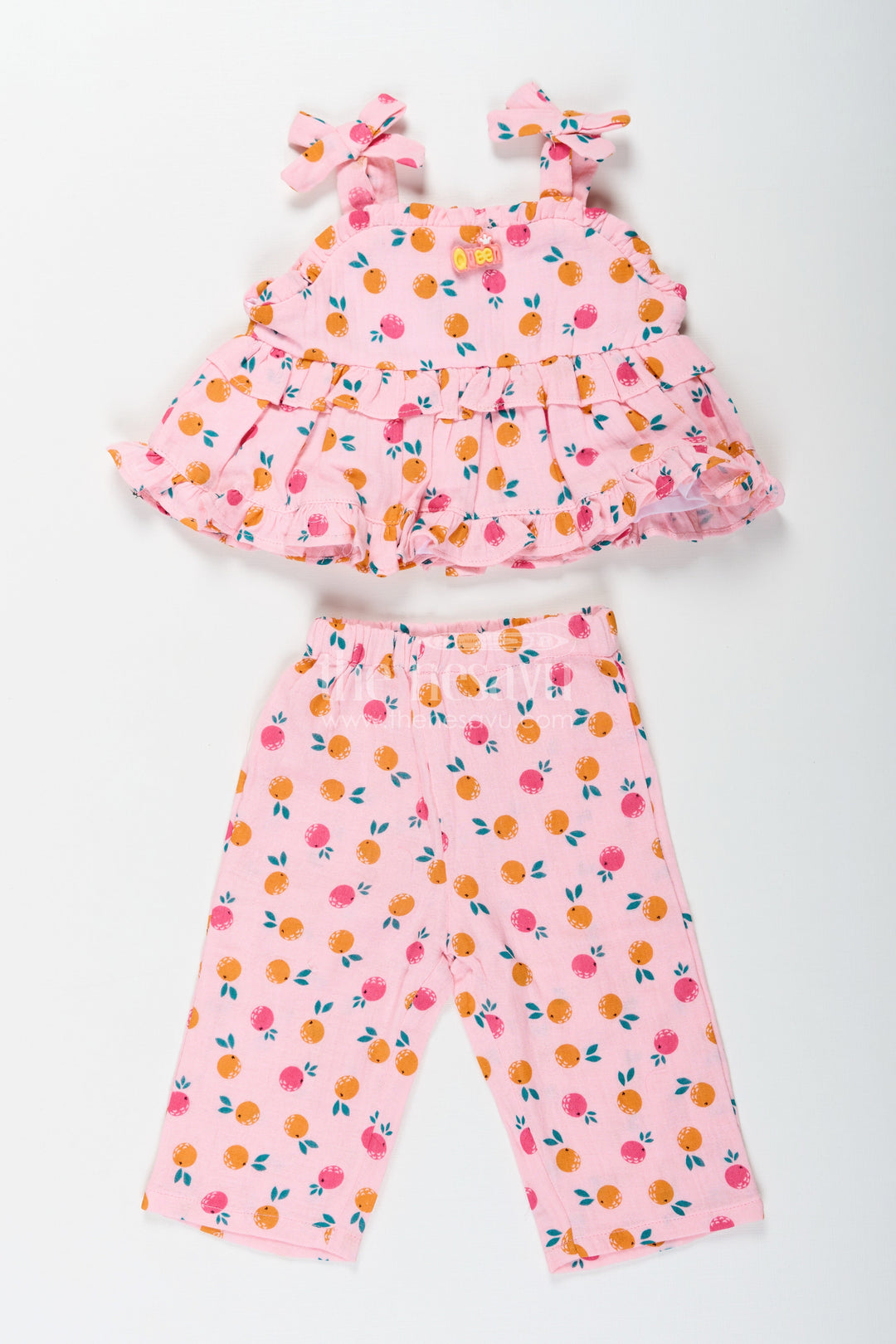 The Nesavu Girls Casual Set Girls Muslin Pink Ethnic Wear Set with Ruffle Top and Printed Pants for Comfortable Everyday Style Nesavu 14 (6M) / Pink GPS598A-14 Girls Muslin Printed Pink Ethnic Wear Set with Ruffle Top and Matching Pants for Daily Comfort | The Nesavu