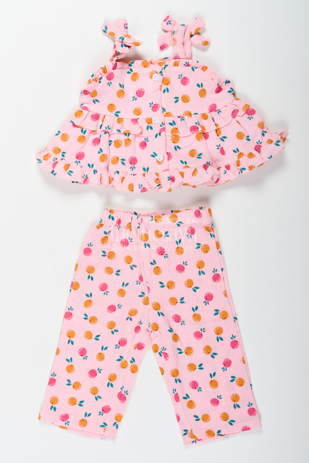 The Nesavu Girls Casual Set Girls Muslin Pink Ethnic Wear Set with Ruffle Top and Printed Pants for Comfortable Everyday Style Nesavu Girls Muslin Printed Pink Ethnic Wear Set with Ruffle Top and Matching Pants for Daily Comfort | The Nesavu