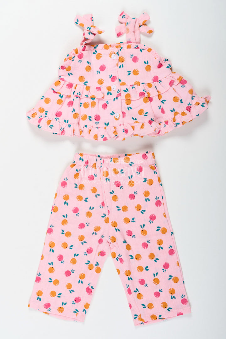 The Nesavu Girls Casual Set Girls Muslin Pink Ethnic Wear Set with Ruffle Top and Printed Pants for Comfortable Everyday Style Nesavu Girls Muslin Printed Pink Ethnic Wear Set with Ruffle Top and Matching Pants for Daily Comfort | The Nesavu