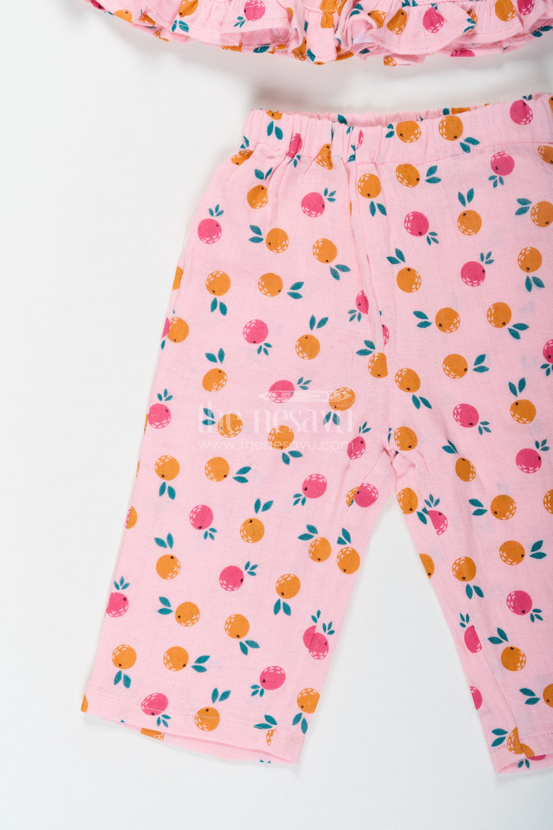 The Nesavu Girls Casual Set Girls Muslin Pink Ethnic Wear Set with Ruffle Top and Printed Pants for Comfortable Everyday Style Nesavu Girls Muslin Printed Pink Ethnic Wear Set with Ruffle Top and Matching Pants for Daily Comfort | The Nesavu