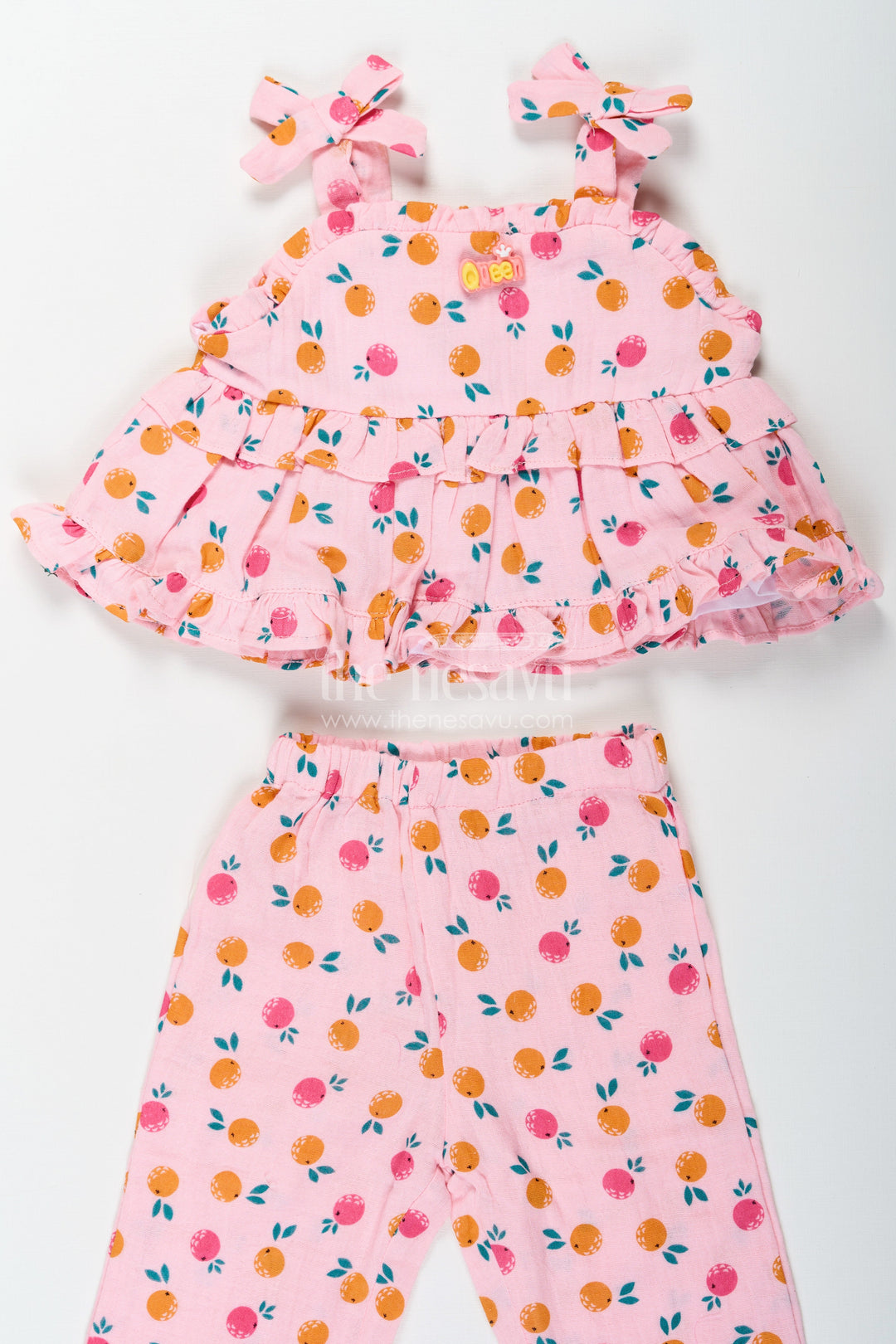 The Nesavu Girls Casual Set Girls Muslin Pink Ethnic Wear Set with Ruffle Top and Printed Pants for Comfortable Everyday Style Nesavu Girls Muslin Printed Pink Ethnic Wear Set with Ruffle Top and Matching Pants for Daily Comfort | The Nesavu