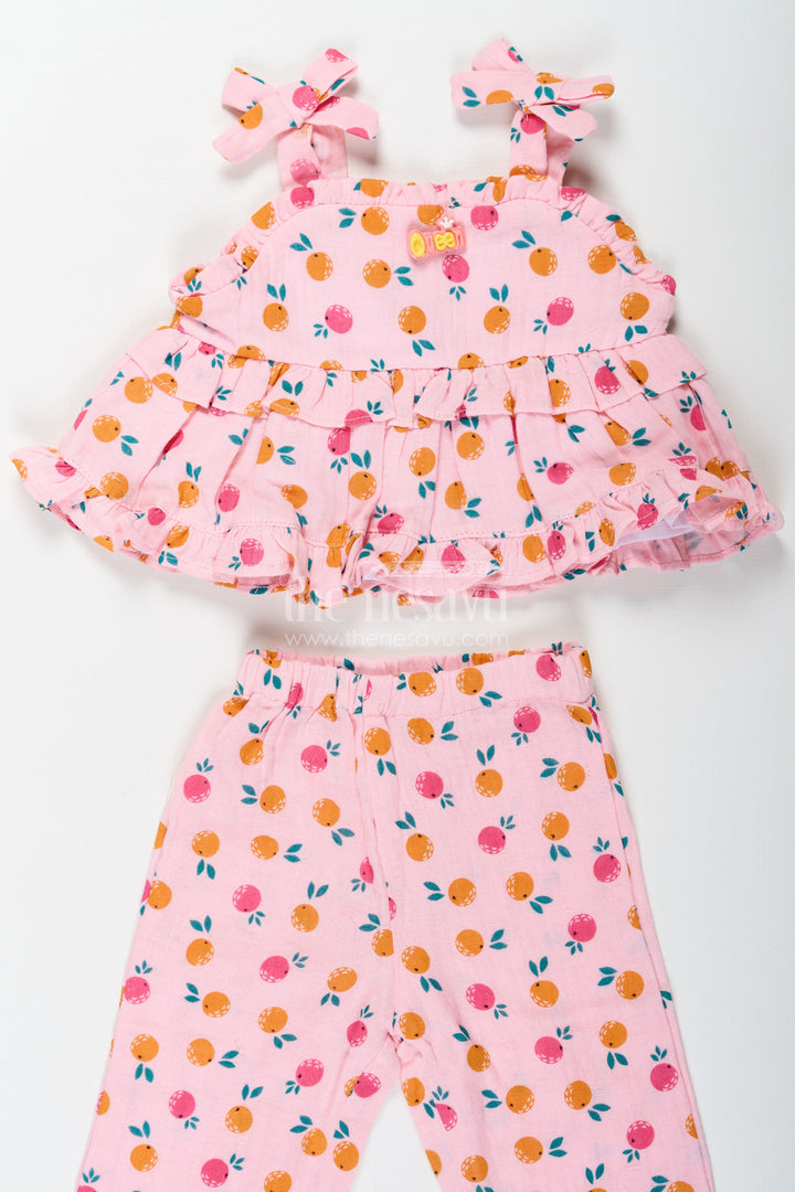 The Nesavu Girls Casual Set Girls Muslin Pink Ethnic Wear Set with Ruffle Top and Printed Pants for Comfortable Everyday Style Nesavu Girls Muslin Printed Pink Ethnic Wear Set with Ruffle Top and Matching Pants for Daily Comfort | The Nesavu