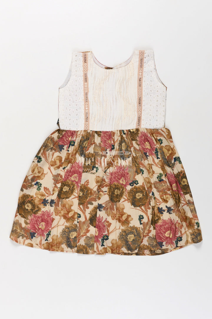 The Nesavu Girls Fancy Frock Girls Muslin Silk Fancy Frock with Gathered Floral Skirt and Pintuck Yoke in Fancy Frock Ka Design Style Nesavu 18 (2Y) / Cream GFC1731A-18 Girls fancy frock ka design Muslin Silk Floral Print Skirt Pintuck Yoke | The Nesavu