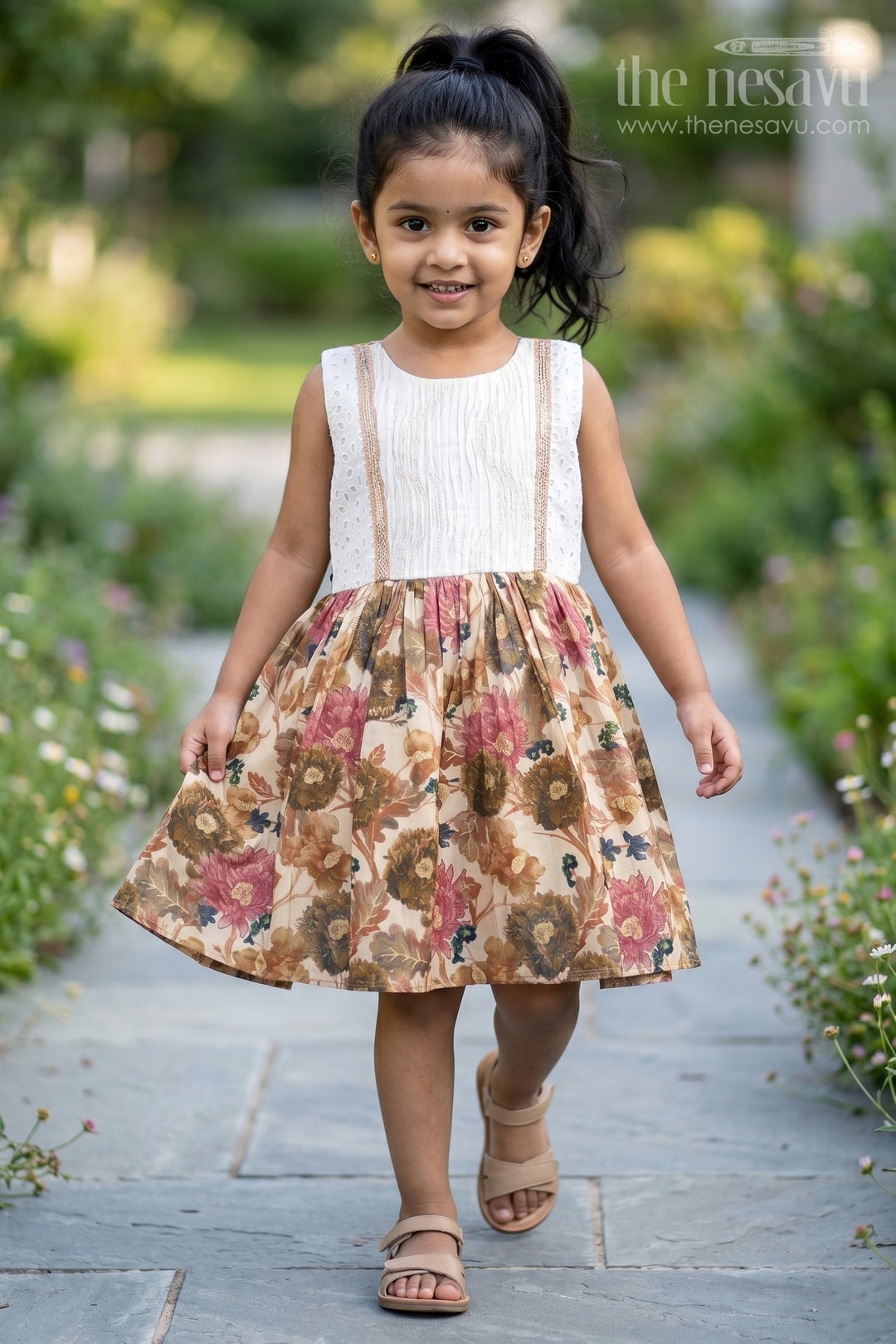 The Nesavu Girls Fancy Frock Girls Muslin Silk Fancy Frock with Gathered Floral Skirt and Pintuck Yoke in Fancy Frock Ka Design Style Nesavu 18 (2Y) / Cream GFC1731A-18 Girls fancy frock ka design Muslin Silk Floral Print Skirt Pintuck Yoke | The Nesavu