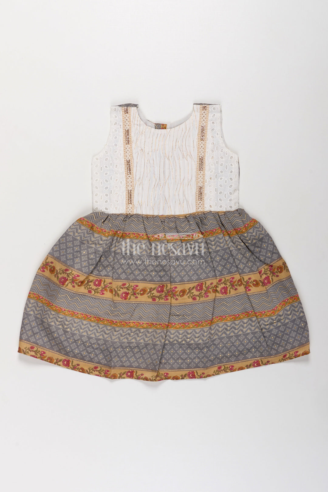 The Nesavu Girls Fancy Frock Girls Muslin Silk Fancy Frock with Stripe Floral Borders and Eyelet Yoke in New Fancy Frock Style Nesavu 18 (2Y) / Gray GFC1732A-18 Girls new fancy frock Muslin Silk Printed Stripe Floral Skirt Embroidered Yoke | The Nesavu