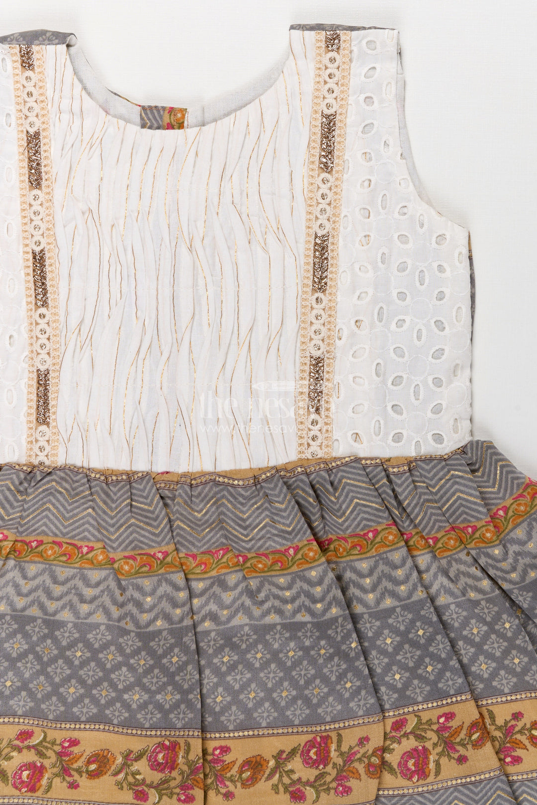 The Nesavu Girls Fancy Frock Girls Muslin Silk Fancy Frock with Stripe Floral Borders and Eyelet Yoke in New Fancy Frock Style Nesavu Girls new fancy frock Muslin Silk Printed Stripe Floral Skirt Embroidered Yoke | The Nesavu