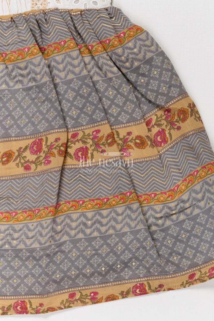 The Nesavu Girls Fancy Frock Girls Muslin Silk Fancy Frock with Stripe Floral Borders and Eyelet Yoke in New Fancy Frock Style Nesavu Girls new fancy frock Muslin Silk Printed Stripe Floral Skirt Embroidered Yoke | The Nesavu