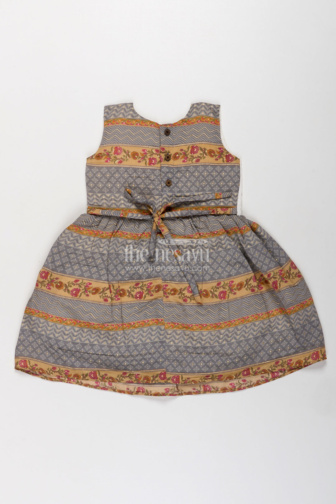 The Nesavu Girls Fancy Frock Girls Muslin Silk Fancy Frock with Stripe Floral Borders and Eyelet Yoke in New Fancy Frock Style Nesavu Girls new fancy frock Muslin Silk Printed Stripe Floral Skirt Embroidered Yoke | The Nesavu