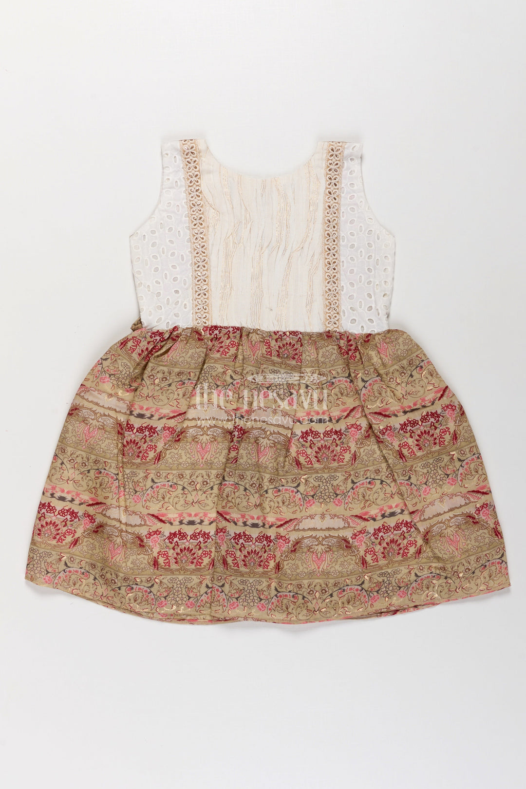 The Nesavu Girls Fancy Frock Girls Muslin Silk Frock with Heritage Floral Motifs and Eyelet Yoke in Green Color Frock Design Nesavu Girls green color frock design Muslin Silk Floral Motifs Embroidered Yoke | The Nesavu
