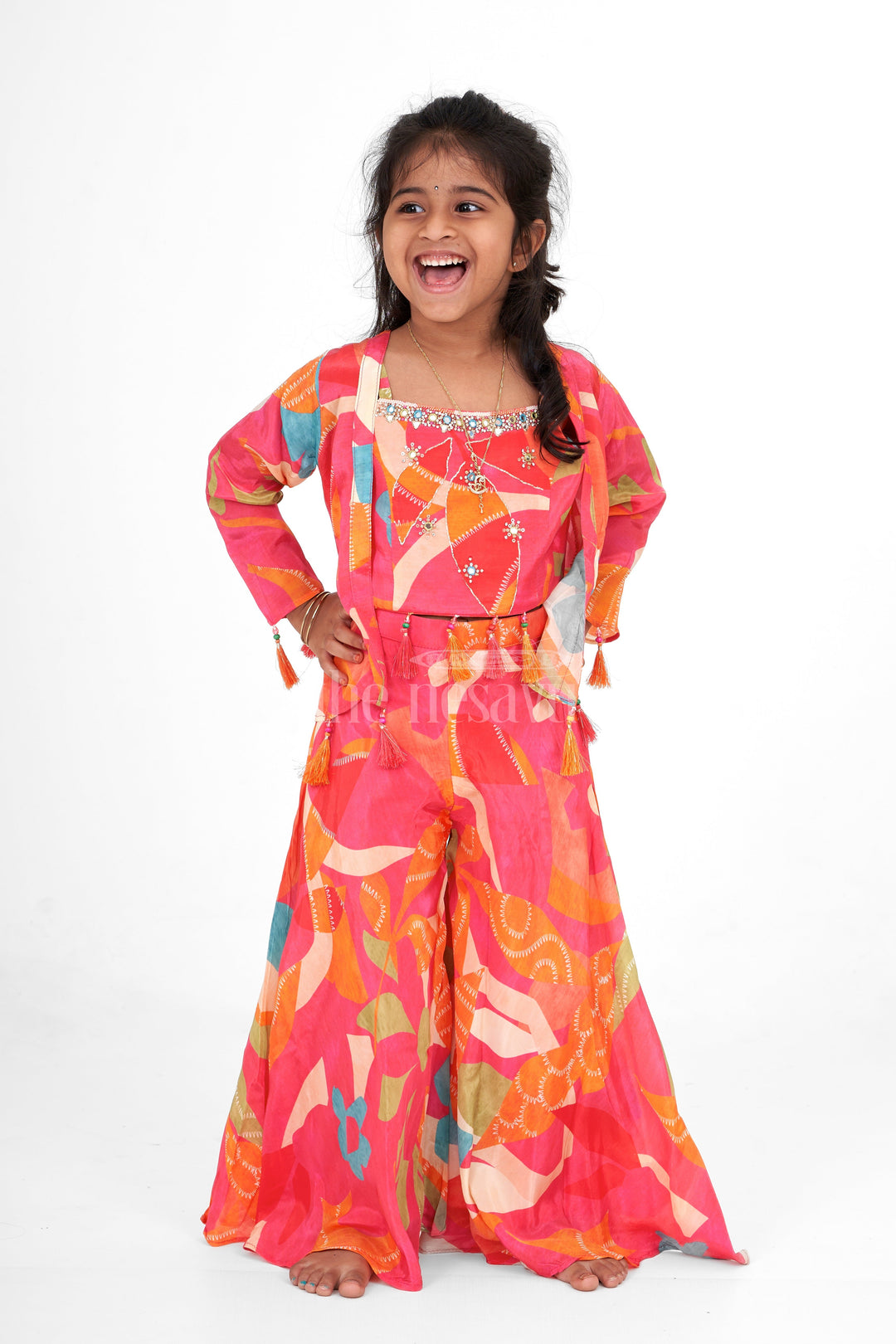 The Nesavu Girls Sharara / Plazo Set Girls Muslin Silk Multi-color Palazzo Sharara Set with Cape Vibrant Festive Outfit Nesavu Nesavu Girls Multi-color Muslin Silk Palazzo Sharara Set Cape Festive Party Wear GPS487A