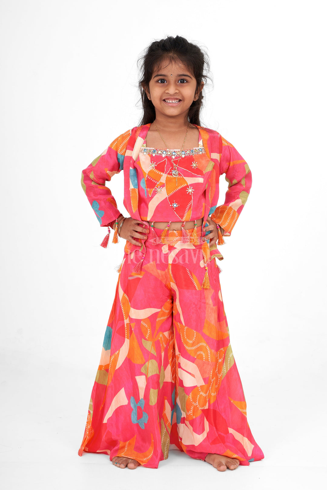 The Nesavu Girls Sharara / Plazo Set Girls Muslin Silk Multi-color Palazzo Sharara Set with Cape Vibrant Festive Outfit Nesavu Nesavu Girls Multi-color Muslin Silk Palazzo Sharara Set Cape Festive Party Wear GPS487A