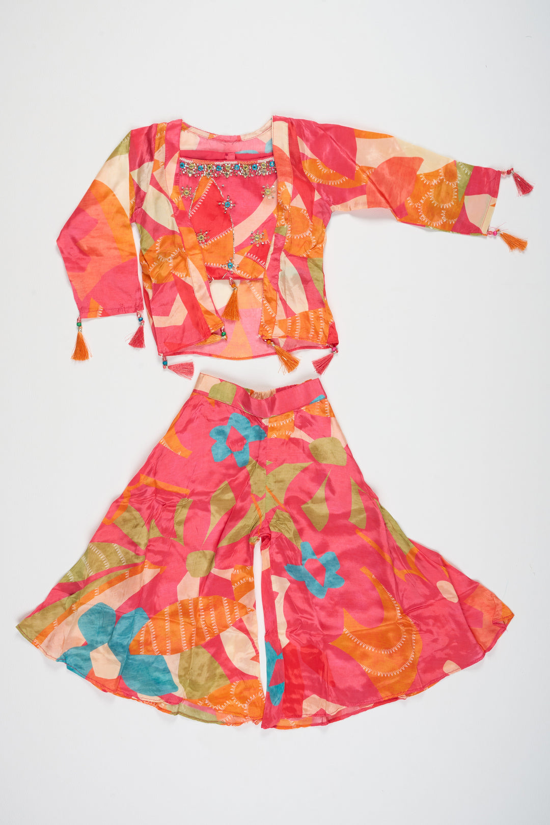 The Nesavu Girls Sharara / Plazo Set Girls Muslin Silk Multi-color Palazzo Sharara Set with Cape Vibrant Festive Outfit Nesavu Nesavu Girls Multi-color Muslin Silk Palazzo Sharara Set Cape Festive Party Wear GPS487A