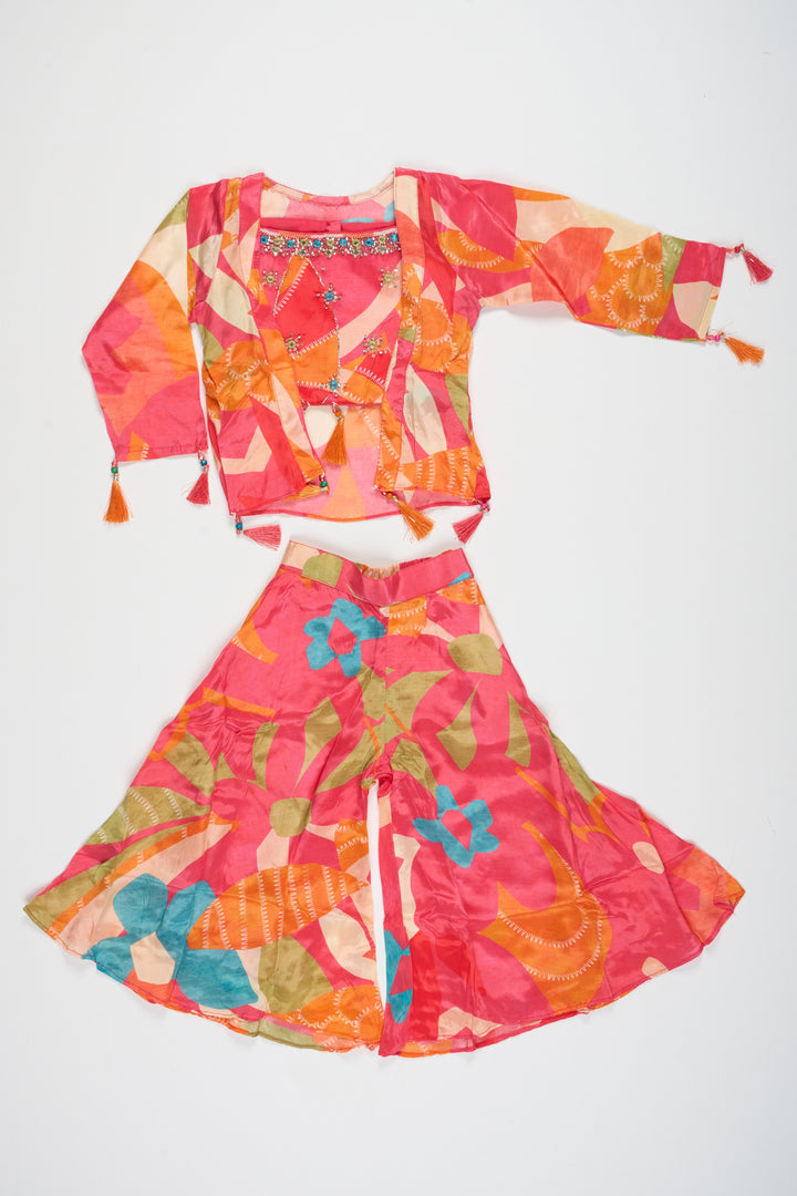 The Nesavu Girls Sharara / Plazo Set Girls Muslin Silk Multi-color Palazzo Sharara Set with Cape Vibrant Festive Outfit Nesavu Nesavu Girls Multi-color Muslin Silk Palazzo Sharara Set Cape Festive Party Wear GPS487A