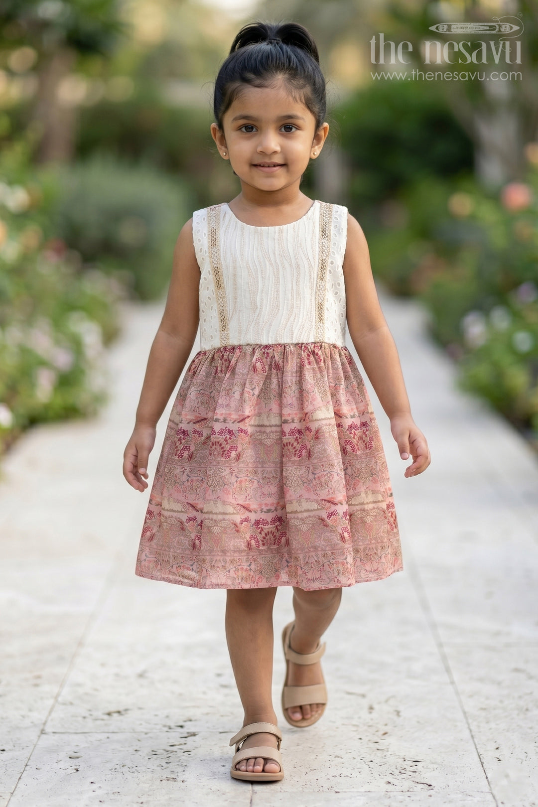 The Nesavu Girls Fancy Frock Girls Muslin Silk Printed Frock with Embroidered Pintuck Yoke in Pink Frock Design Style Nesavu 18 (2Y) / Pink GFC1733C-18 Girls pink frock design Muslin Silk Embroidered Eyelet Yoke Printed Skirt | The Nesavu