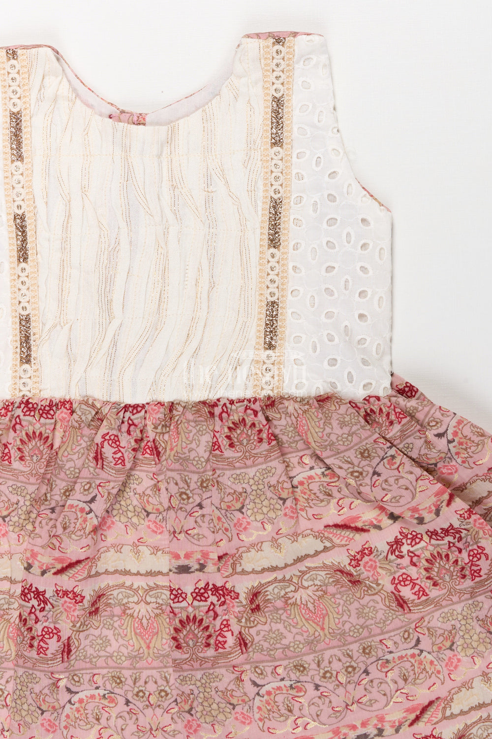 The Nesavu Girls Fancy Frock Girls Muslin Silk Printed Frock with Embroidered Pintuck Yoke in Pink Frock Design Style Nesavu Girls pink frock design Muslin Silk Embroidered Eyelet Yoke Printed Skirt | The Nesavu