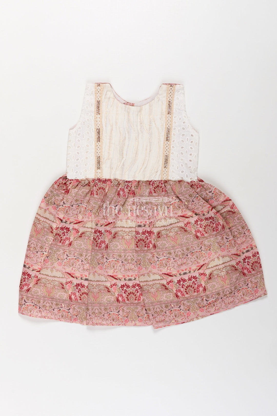 The Nesavu Girls Fancy Frock Girls Muslin Silk Printed Frock with Embroidered Pintuck Yoke in Pink Frock Design Style Nesavu Girls pink frock design Muslin Silk Embroidered Eyelet Yoke Printed Skirt | The Nesavu
