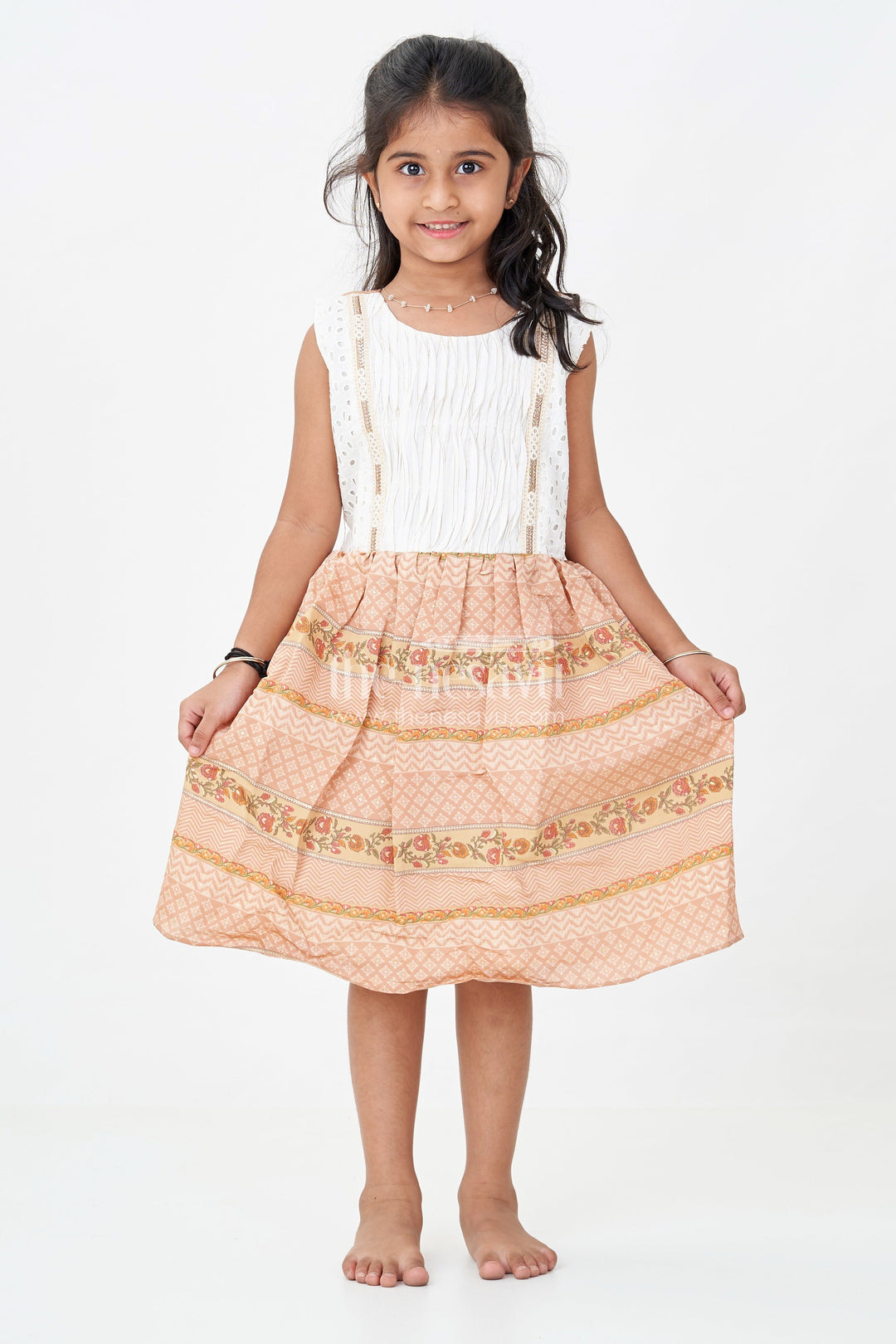 The Nesavu Girls Fancy Frock Girls Muslin Silk Printed Frock with Embroidered Yoke and Traditional Borders in Fancy Frock Style Nesavu 18 (2Y) / Peach GFC1732B-18 Girls fancy frock Muslin Silk Embroidered Yoke Ethnic Floral Borders | The Nesavu