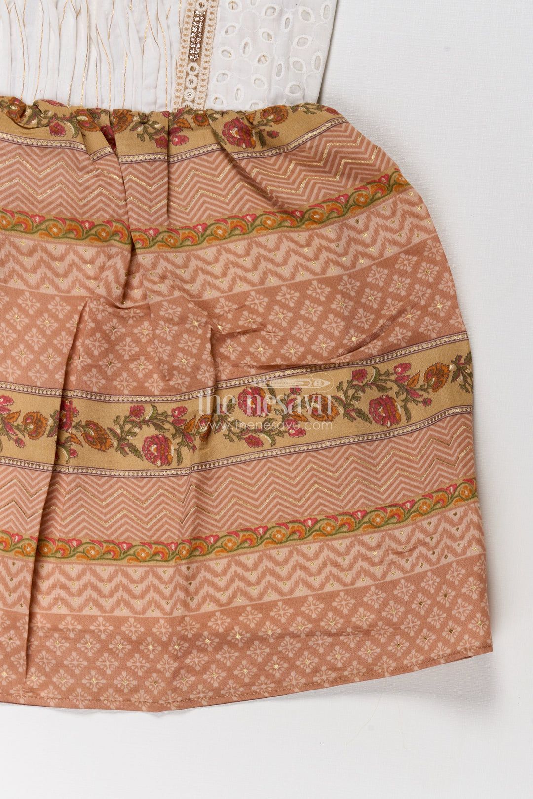 The Nesavu Girls Fancy Frock Girls Muslin Silk Printed Frock with Embroidered Yoke and Traditional Borders in Fancy Frock Style Nesavu Girls fancy frock Muslin Silk Embroidered Yoke Ethnic Floral Borders | The Nesavu