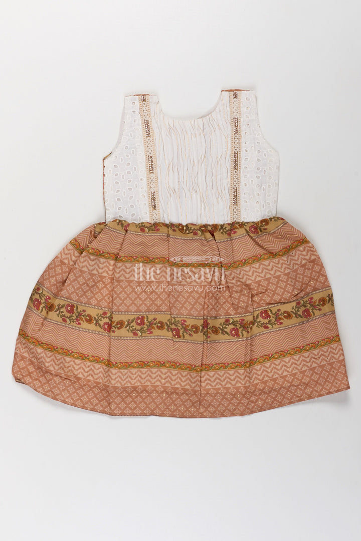 The Nesavu Girls Fancy Frock Girls Muslin Silk Printed Frock with Embroidered Yoke and Traditional Borders in Fancy Frock Style Nesavu Girls fancy frock Muslin Silk Embroidered Yoke Ethnic Floral Borders | The Nesavu