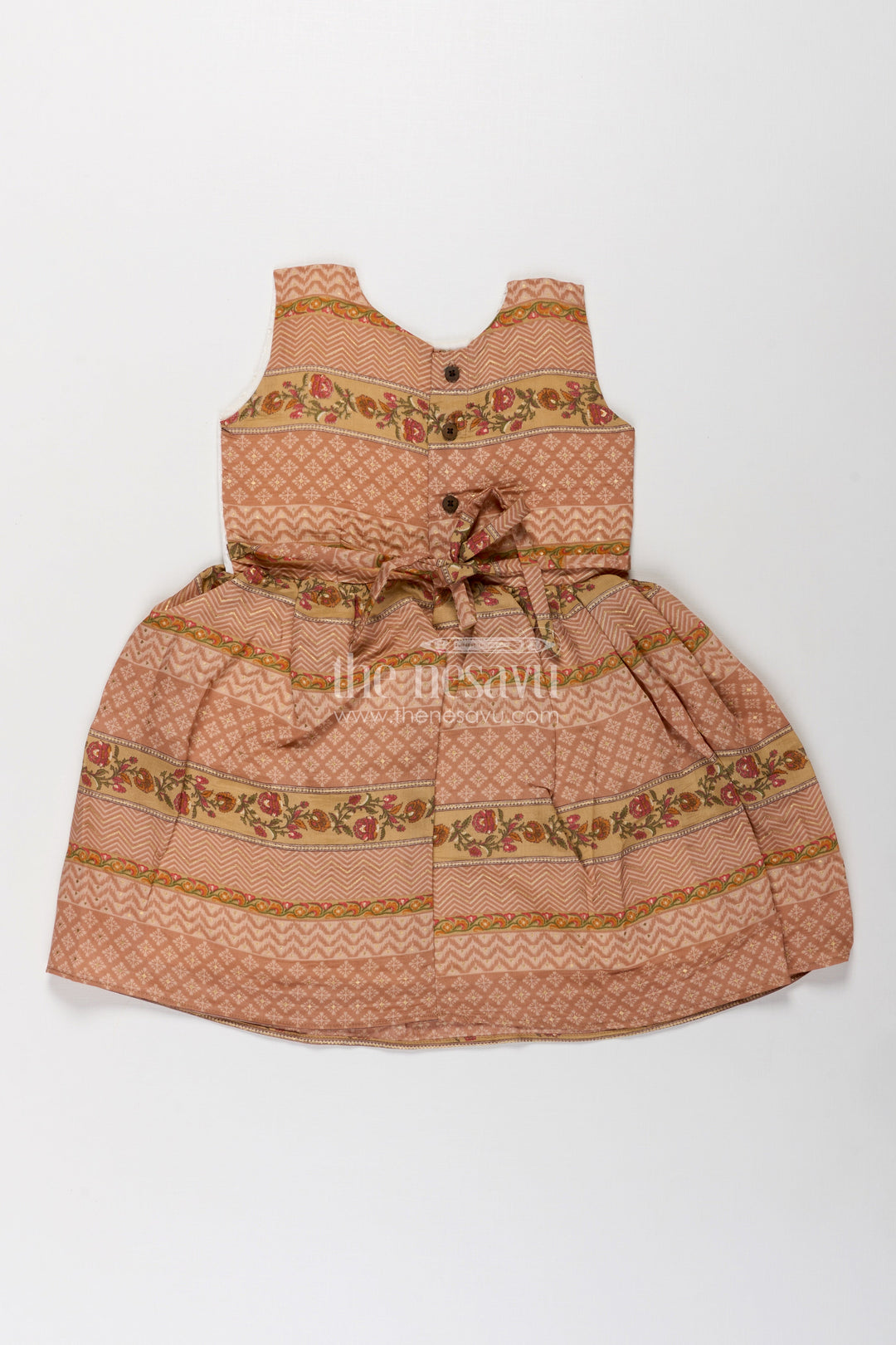 The Nesavu Girls Fancy Frock Girls Muslin Silk Printed Frock with Embroidered Yoke and Traditional Borders in Fancy Frock Style Nesavu Girls fancy frock Muslin Silk Embroidered Yoke Ethnic Floral Borders | The Nesavu