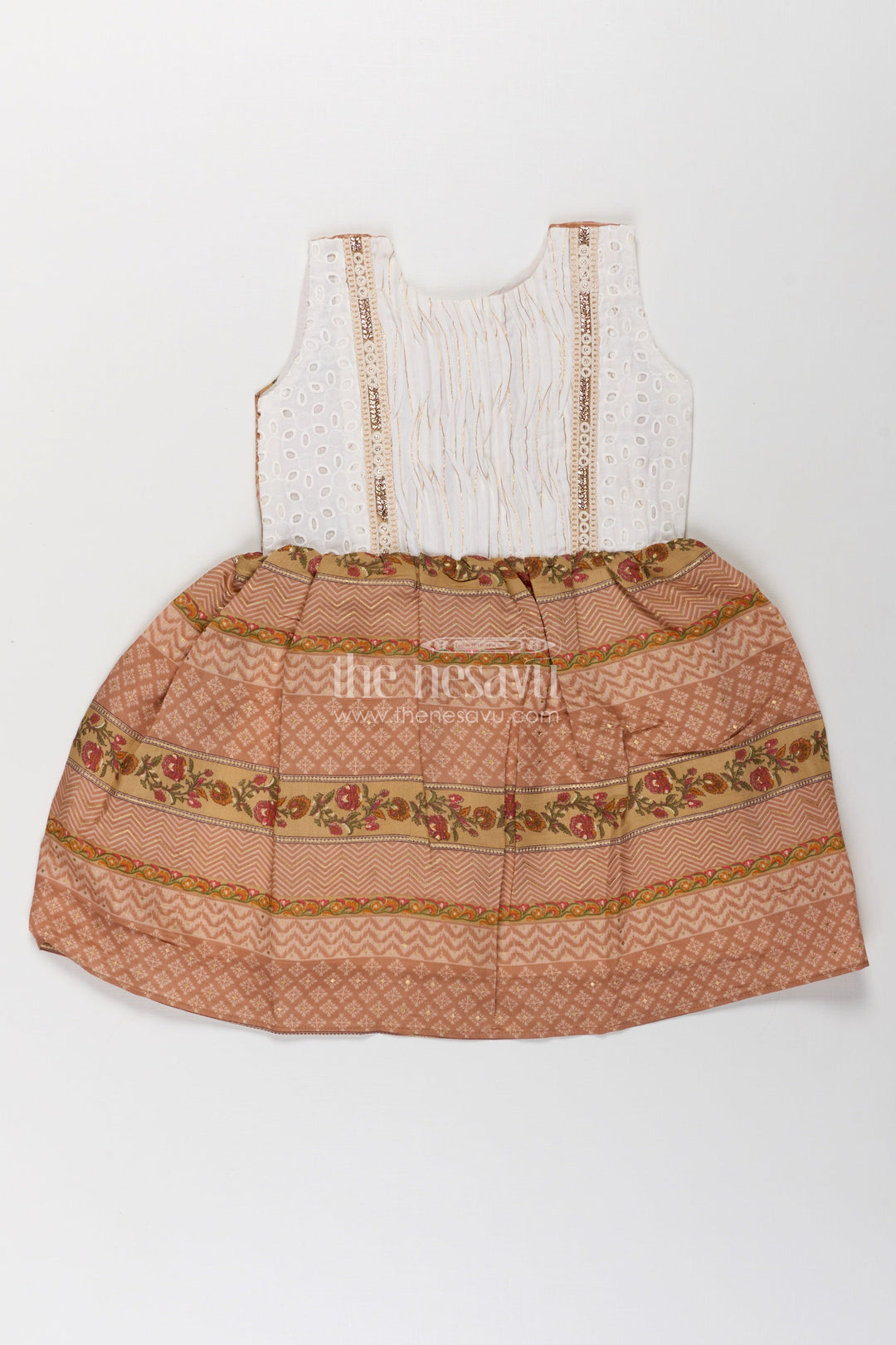 The Nesavu Girls Fancy Frock Girls Muslin Silk Printed Frock with Embroidered Yoke and Traditional Borders in Fancy Frock Style Nesavu Girls fancy frock Muslin Silk Embroidered Yoke Ethnic Floral Borders | The Nesavu
