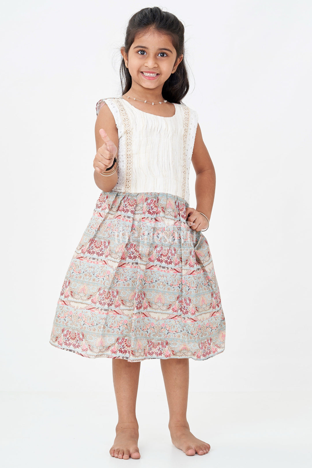 The Nesavu Girls Fancy Frock Girls Muslin Silk Printed Frock with Eyelet Pintuck Yoke and Baroque Borders in Blue Frock Design Nesavu Girls blue frock design Muslin Silk Baroque Motif Skirt Pintuck Eyelet Bodice | The Nesavu