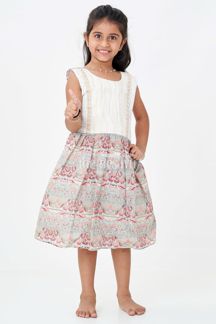 The Nesavu Girls Fancy Frock Girls Muslin Silk Printed Frock with Eyelet Pintuck Yoke and Baroque Borders in Blue Frock Design Nesavu Girls blue frock design Muslin Silk Baroque Motif Skirt Pintuck Eyelet Bodice | The Nesavu