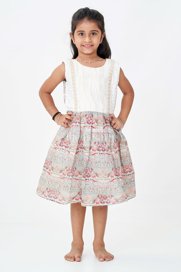The Nesavu Girls Fancy Frock Girls Muslin Silk Printed Frock with Eyelet Pintuck Yoke and Baroque Borders in Blue Frock Design Nesavu Girls blue frock design Muslin Silk Baroque Motif Skirt Pintuck Eyelet Bodice | The Nesavu