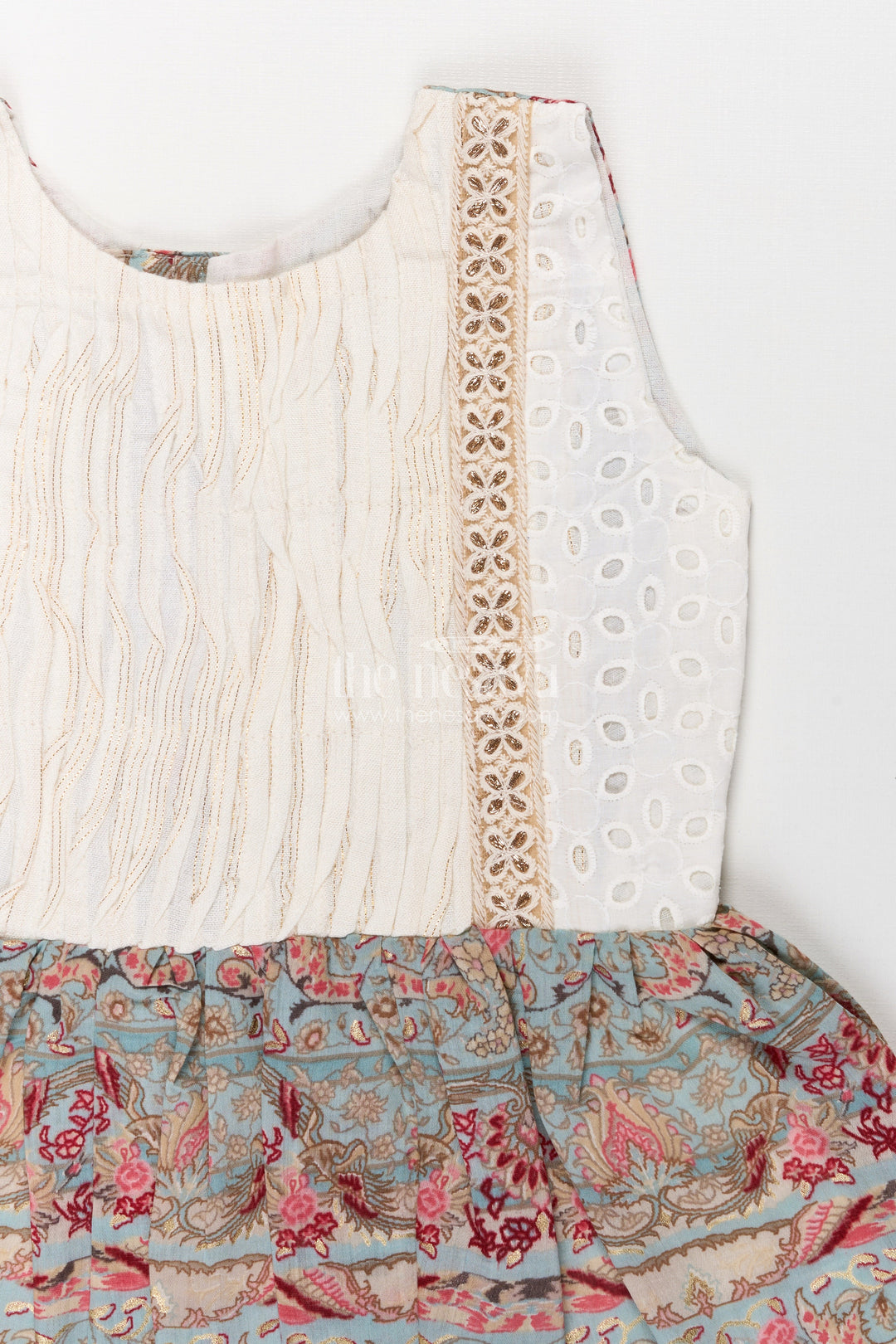 The Nesavu Girls Fancy Frock Girls Muslin Silk Printed Frock with Eyelet Pintuck Yoke and Baroque Borders in Blue Frock Design Nesavu Girls blue frock design Muslin Silk Baroque Motif Skirt Pintuck Eyelet Bodice | The Nesavu