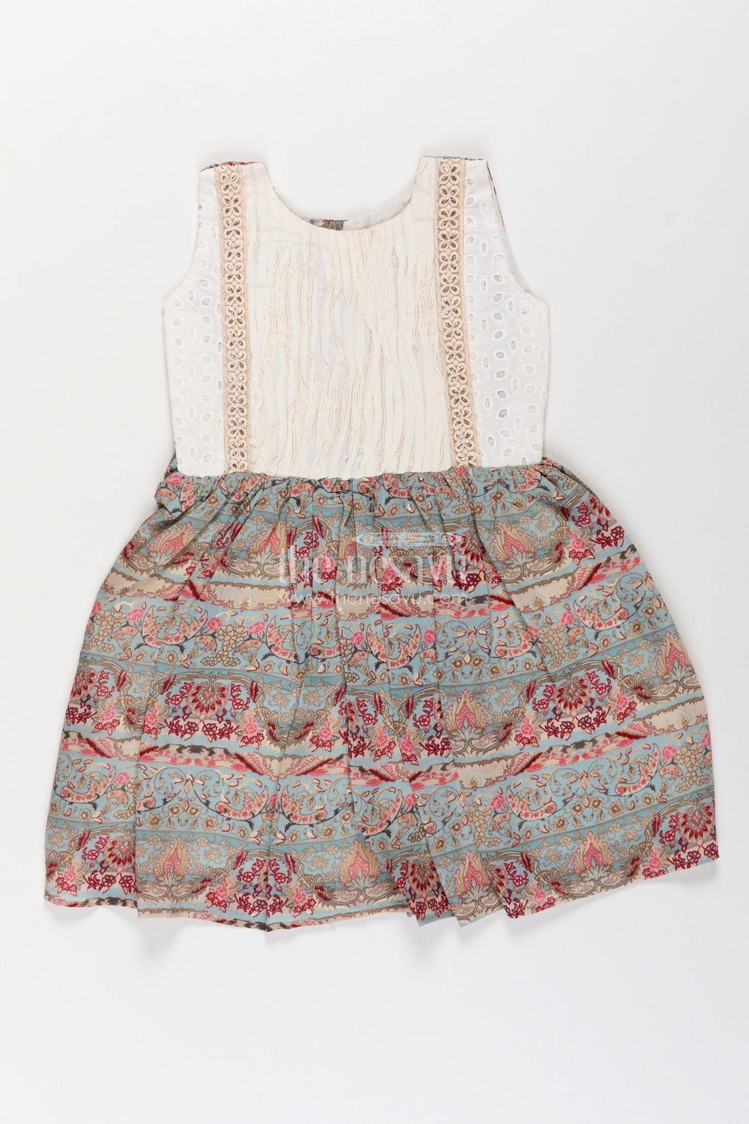 The Nesavu Girls Fancy Frock Girls Muslin Silk Printed Frock with Eyelet Pintuck Yoke and Baroque Borders in Blue Frock Design Nesavu Girls blue frock design Muslin Silk Baroque Motif Skirt Pintuck Eyelet Bodice | The Nesavu