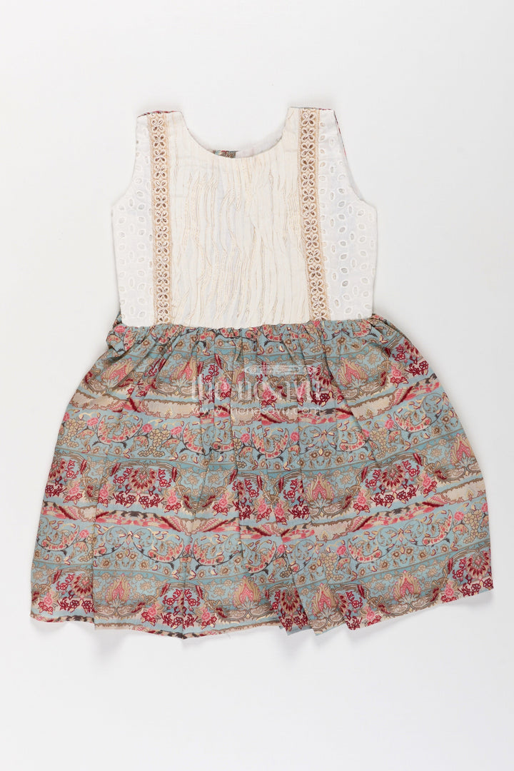 The Nesavu Girls Fancy Frock Girls Muslin Silk Printed Frock with Eyelet Pintuck Yoke and Baroque Borders in Blue Frock Design Nesavu Girls blue frock design Muslin Silk Baroque Motif Skirt Pintuck Eyelet Bodice | The Nesavu