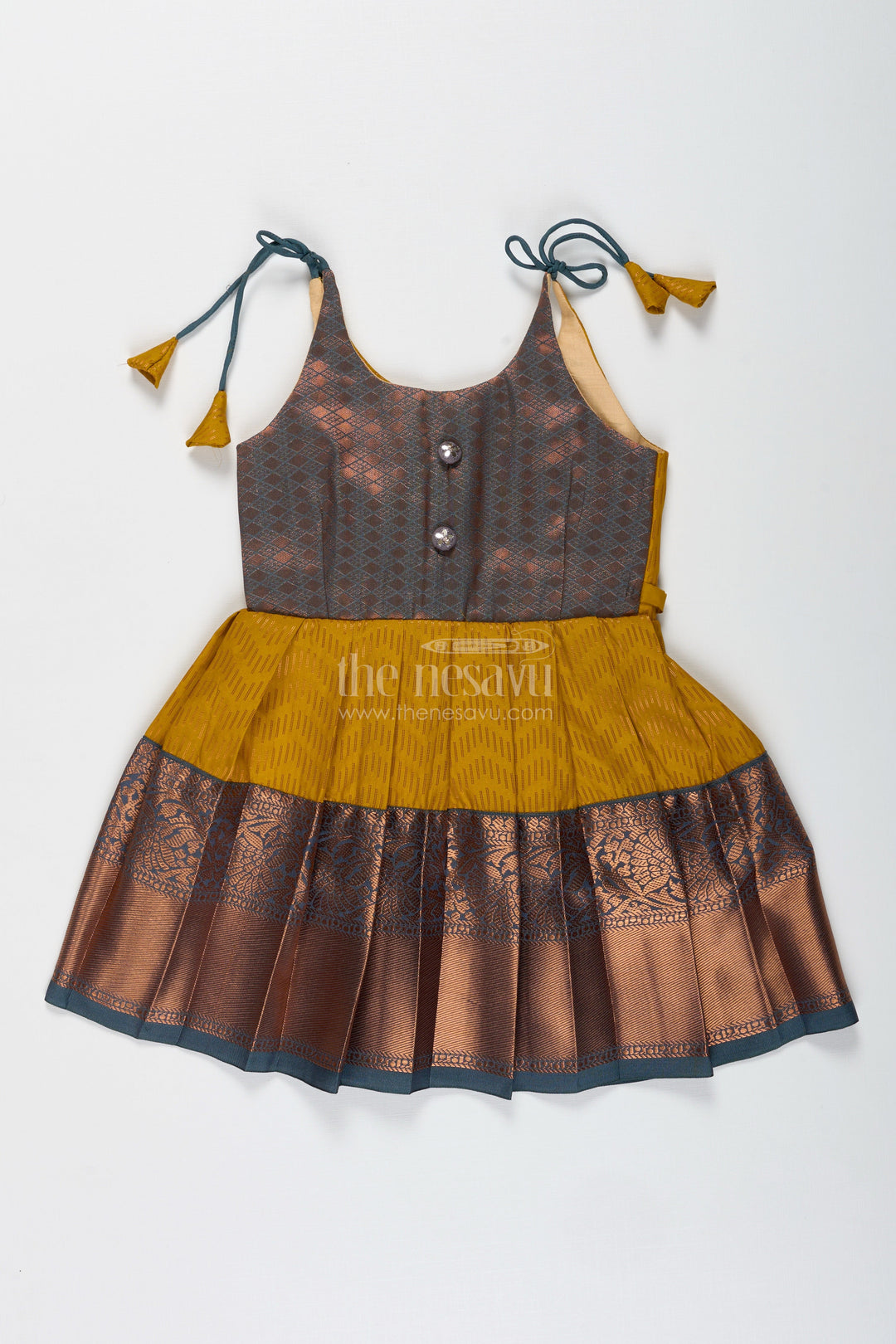 The Nesavu Tie-up Frock Girls Mustard and Brown Tie-Up Frock in Semi Kanchipuram Silk Ethnic Festive Wear Nesavu 14 (6M) / Yellow / Style 1 SF997AA-14 Mustard And Brown Semi Kanchipuram Silk Frock Festive Frock For Girls