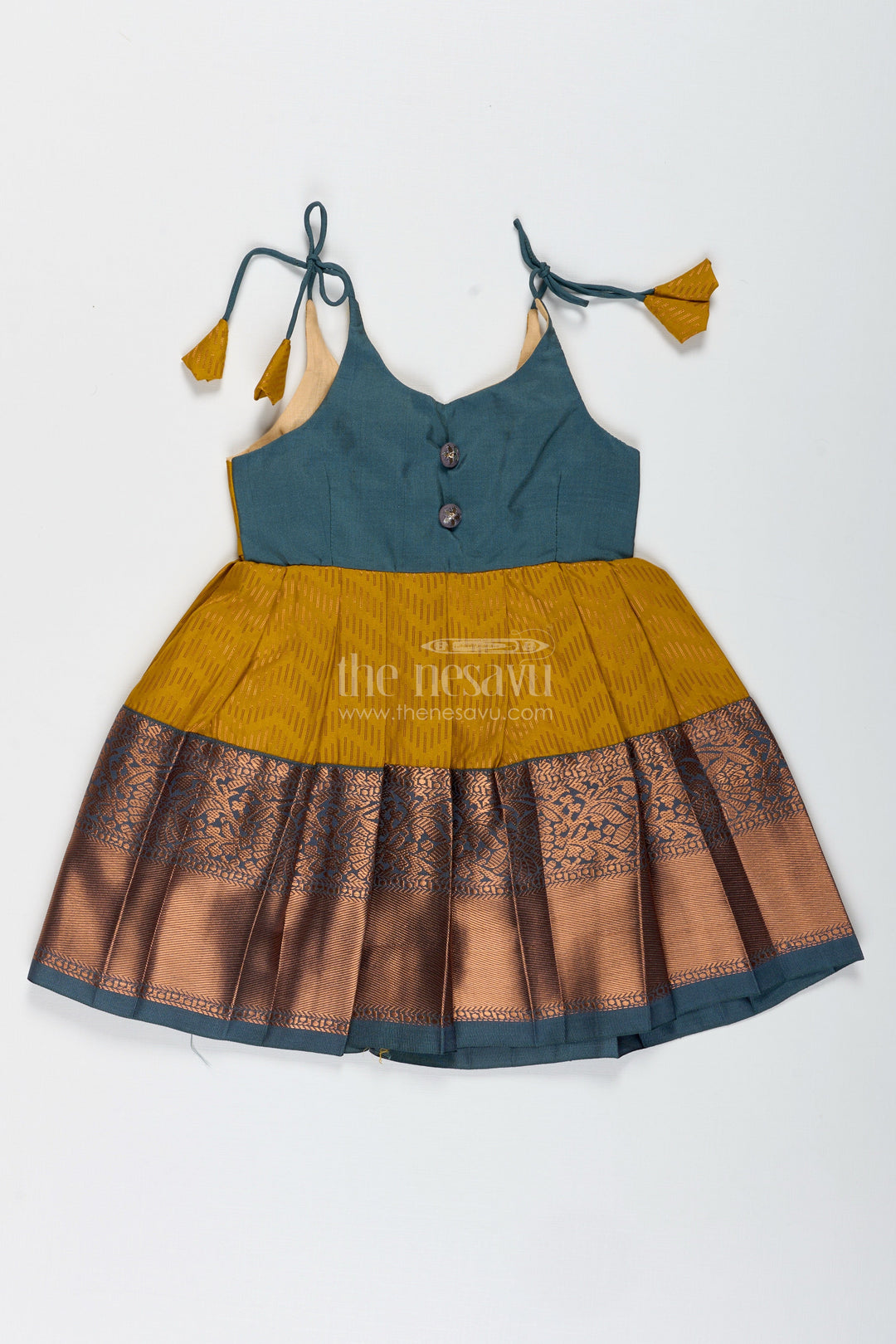 The Nesavu Tie-up Frock Girls Mustard and Brown Tie-Up Frock in Semi Kanchipuram Silk Ethnic Festive Wear Nesavu 14 (6M) / Yellow / Style 2 SF997AB-14 Mustard And Brown Semi Kanchipuram Silk Frock Festive Frock For Girls
