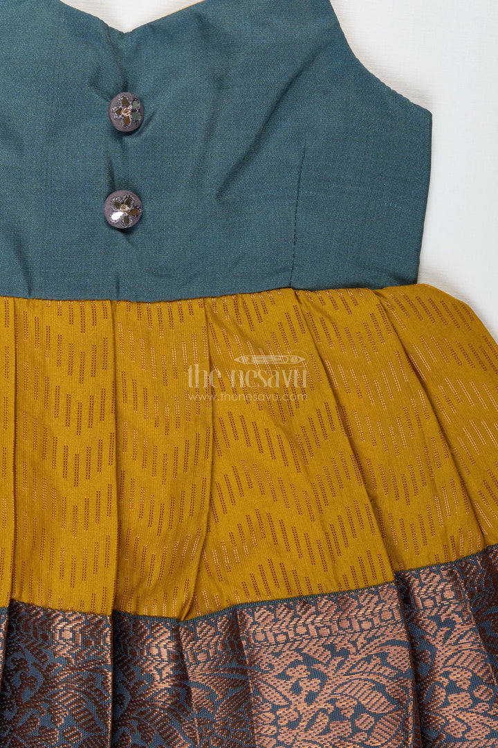 The Nesavu Tie-up Frock Girls Mustard and Brown Tie-Up Frock in Semi Kanchipuram Silk Ethnic Festive Wear Nesavu Mustard And Brown Semi Kanchipuram Silk Frock Festive Frock For Girls