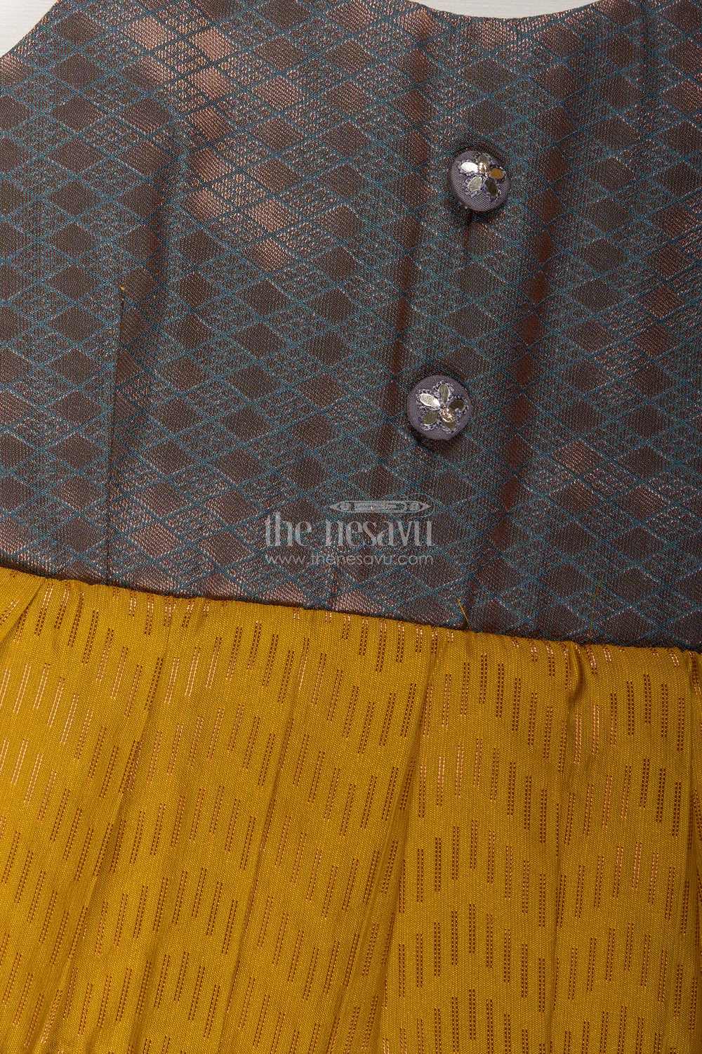 The Nesavu Tie-up Frock Girls Mustard and Brown Tie-Up Frock in Semi Kanchipuram Silk Ethnic Festive Wear Nesavu Mustard And Brown Semi Kanchipuram Silk Frock Festive Frock For Girls