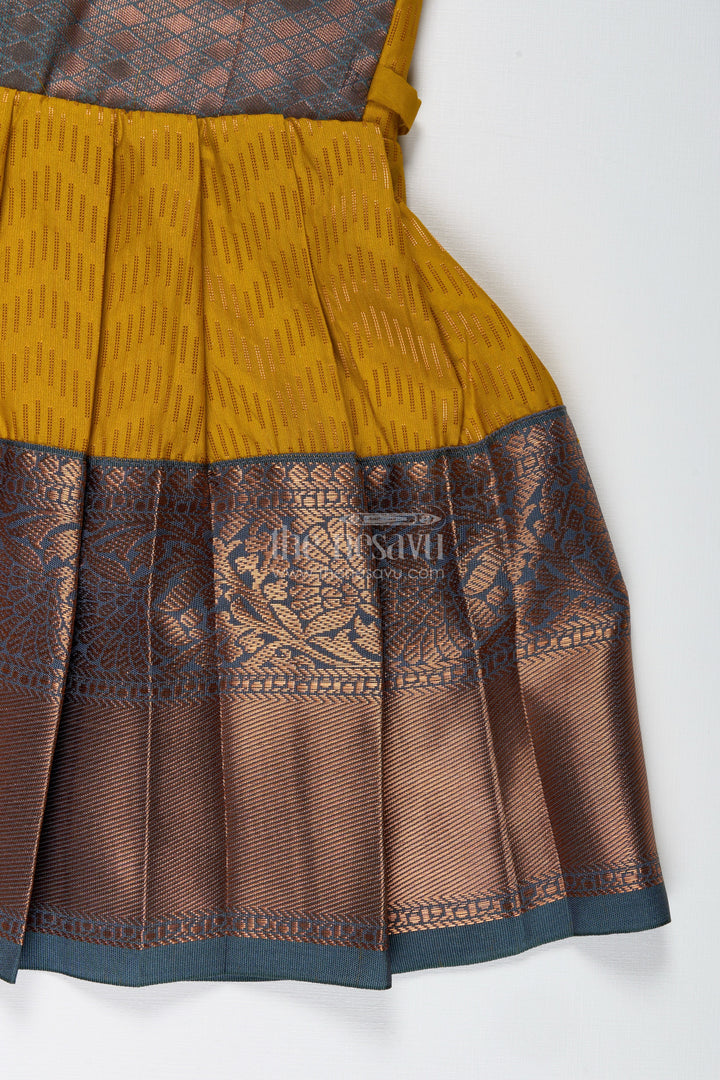 The Nesavu Tie-up Frock Girls Mustard and Brown Tie-Up Frock in Semi Kanchipuram Silk Ethnic Festive Wear Nesavu Mustard And Brown Semi Kanchipuram Silk Frock Festive Frock For Girls