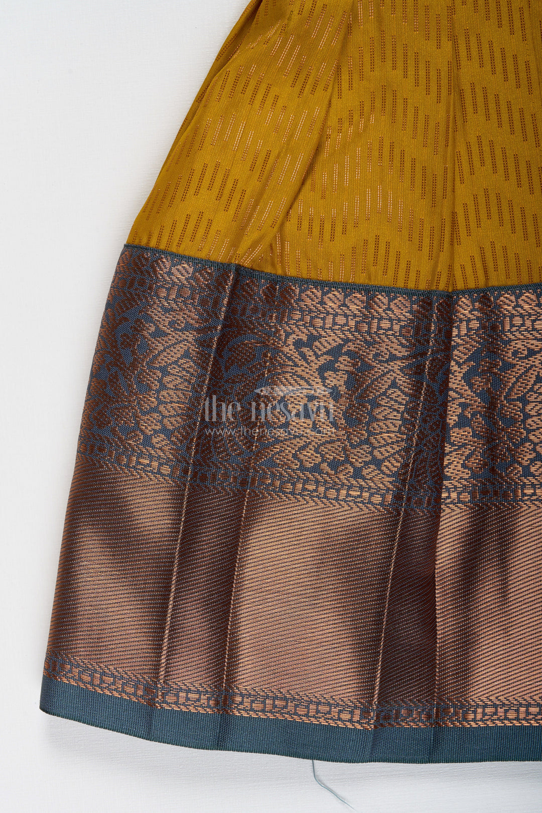 The Nesavu Tie-up Frock Girls Mustard and Brown Tie-Up Frock in Semi Kanchipuram Silk Ethnic Festive Wear Nesavu Mustard And Brown Semi Kanchipuram Silk Frock Festive Frock For Girls