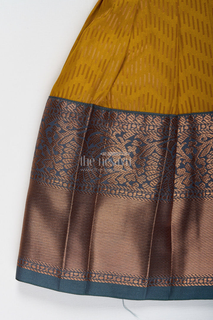 The Nesavu Tie-up Frock Girls Mustard and Brown Tie-Up Frock in Semi Kanchipuram Silk Ethnic Festive Wear Nesavu Mustard And Brown Semi Kanchipuram Silk Frock Festive Frock For Girls