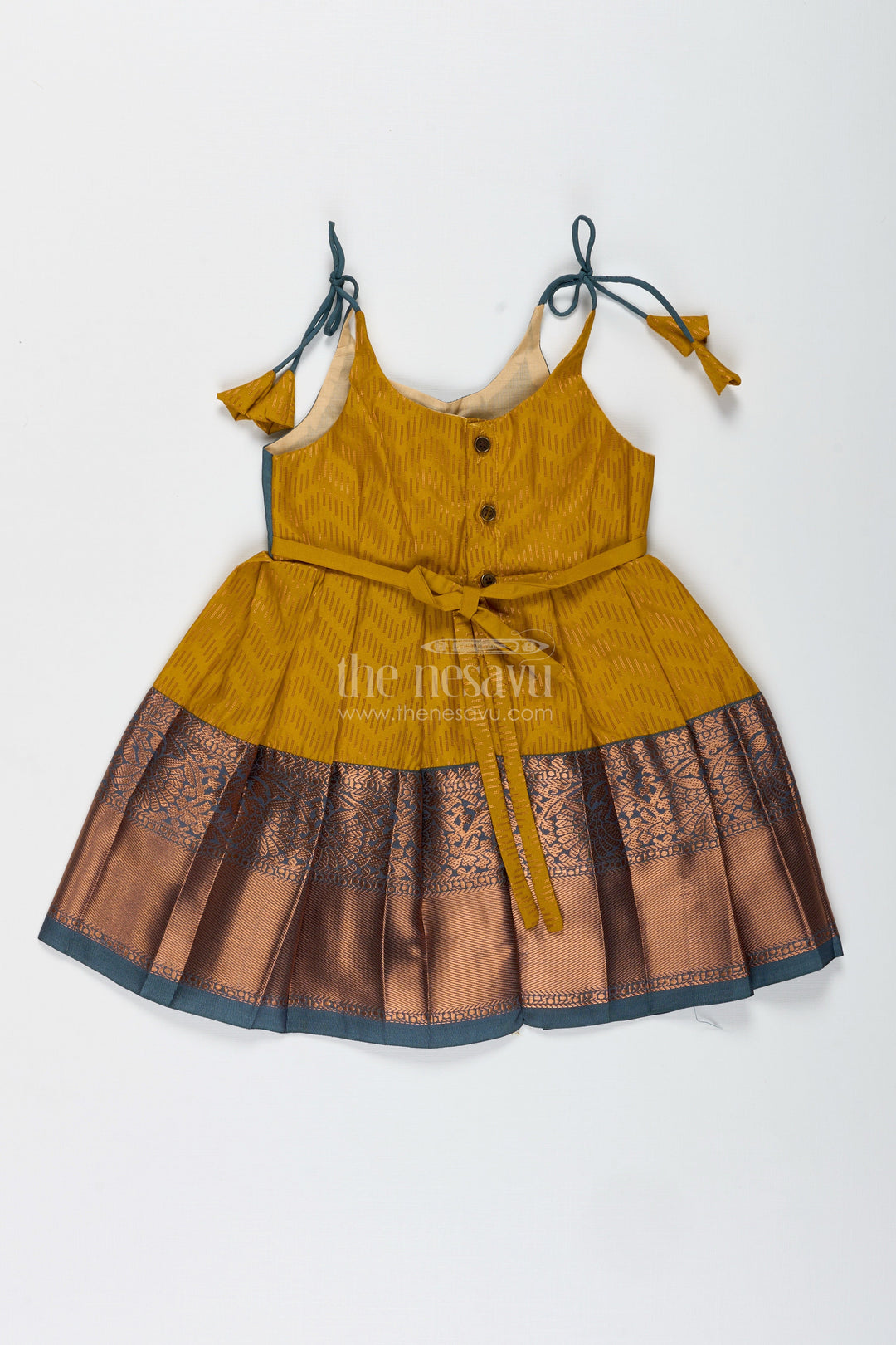 The Nesavu Tie-up Frock Girls Mustard and Brown Tie-Up Frock in Semi Kanchipuram Silk Ethnic Festive Wear Nesavu Mustard And Brown Semi Kanchipuram Silk Frock Festive Frock For Girls