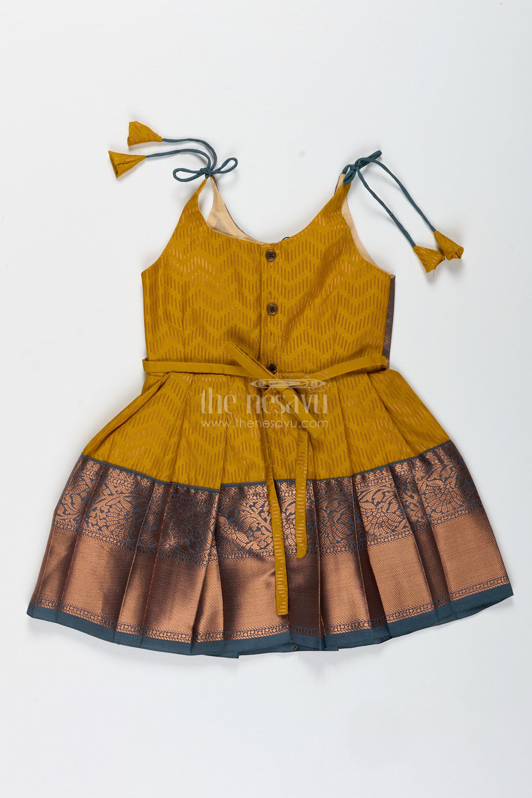 The Nesavu Tie-up Frock Girls Mustard and Brown Tie-Up Frock in Semi Kanchipuram Silk Ethnic Festive Wear Nesavu Mustard And Brown Semi Kanchipuram Silk Frock Festive Frock For Girls