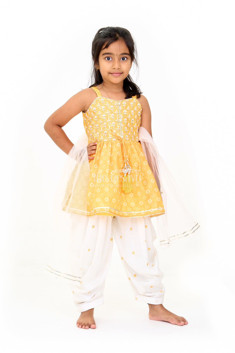 The Nesavu Girls Dothi Sets Girls Mustard Chinon Silk Peplum Set with White Dhoti Pants and Sleeveless Top for Festive Occasions Nesavu Nesavu Girls Mustard Peplum Top White Dhoti Pants Set Embroidery Festive Occasions
