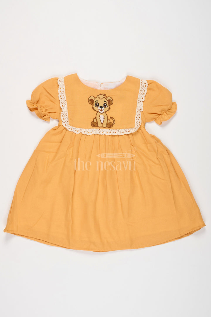 The Nesavu Girls Cotton Frock Girls Mustard Cotton Frock with Embroidered Yoke and Puff Sleeves in Simple Frock Design Cotton Look Nesavu Nesavu Girls Cotton Frock Mustard Embroidered Front Puff Sleeves frock design cotton
