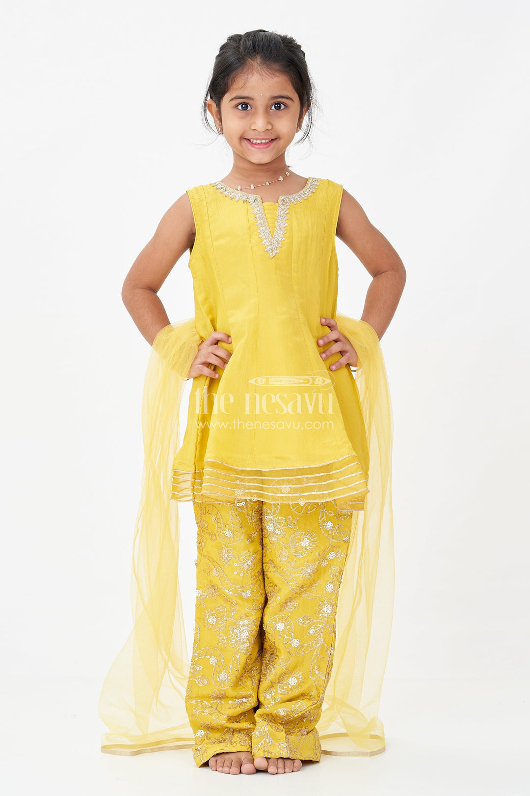 The Nesavu Girls Sharara / Plazo Set Girls Mustard Dress Of Sharara in Viscose Tissue with Designer Sequin Embroidered Pants Nesavu 16 (1Y) / Yellow GPS615C-16 Girls Mustard Sharara Dress Sequin Embroidered Pants Dupatta Viscose Tissue | The Nesavu