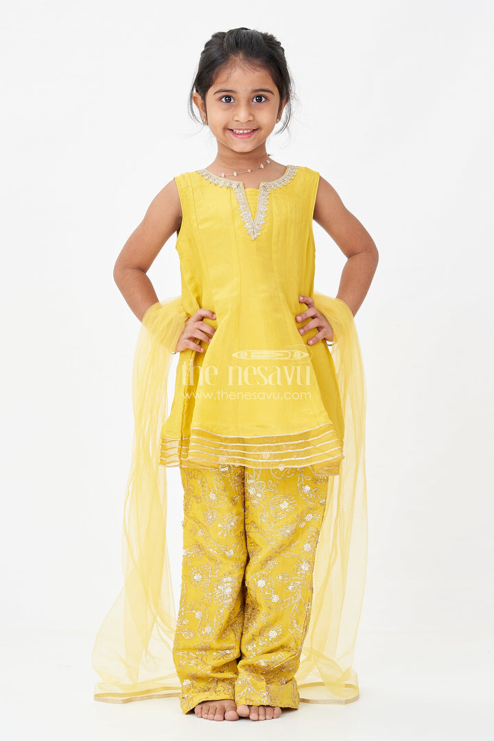 The Nesavu Girls Sharara / Plazo Set Girls Mustard Dress Of Sharara in Viscose Tissue with Designer Sequin Embroidered Pants Nesavu 16 (1Y) / Yellow GPS615C-16 Girls Mustard Sharara Dress Sequin Embroidered Pants Dupatta Viscose Tissue | The Nesavu