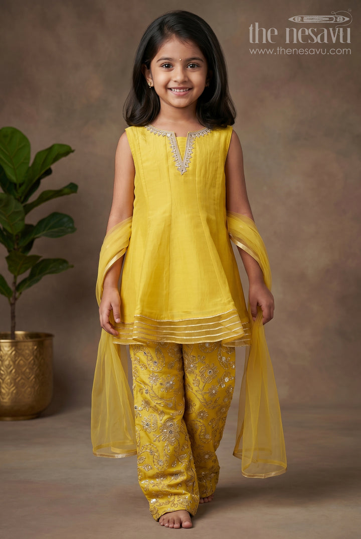 The Nesavu Girls Sharara / Plazo Set Girls Mustard Dress Of Sharara in Viscose Tissue with Designer Sequin Embroidered Pants Nesavu 16 (1Y) / Yellow GPS615C-16 Girls Mustard Sharara Dress Sequin Embroidered Pants Dupatta Viscose Tissue | The Nesavu