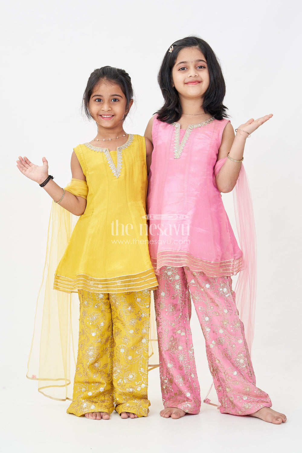 The Nesavu Girls Sharara / Plazo Set Girls Mustard Dress Of Sharara in Viscose Tissue with Designer Sequin Embroidered Pants Nesavu Girls Mustard Sharara Dress Sequin Embroidered Pants Dupatta Viscose Tissue | The Nesavu