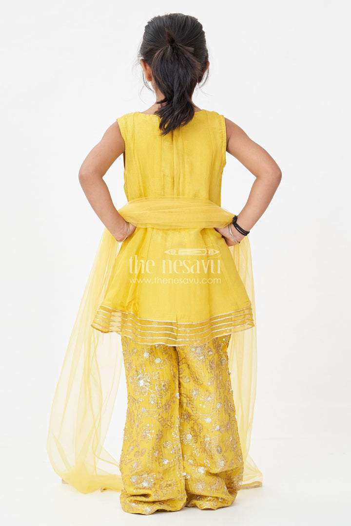 The Nesavu Girls Sharara / Plazo Set Girls Mustard Dress Of Sharara in Viscose Tissue with Designer Sequin Embroidered Pants Nesavu Girls Mustard Sharara Dress Sequin Embroidered Pants Dupatta Viscose Tissue | The Nesavu