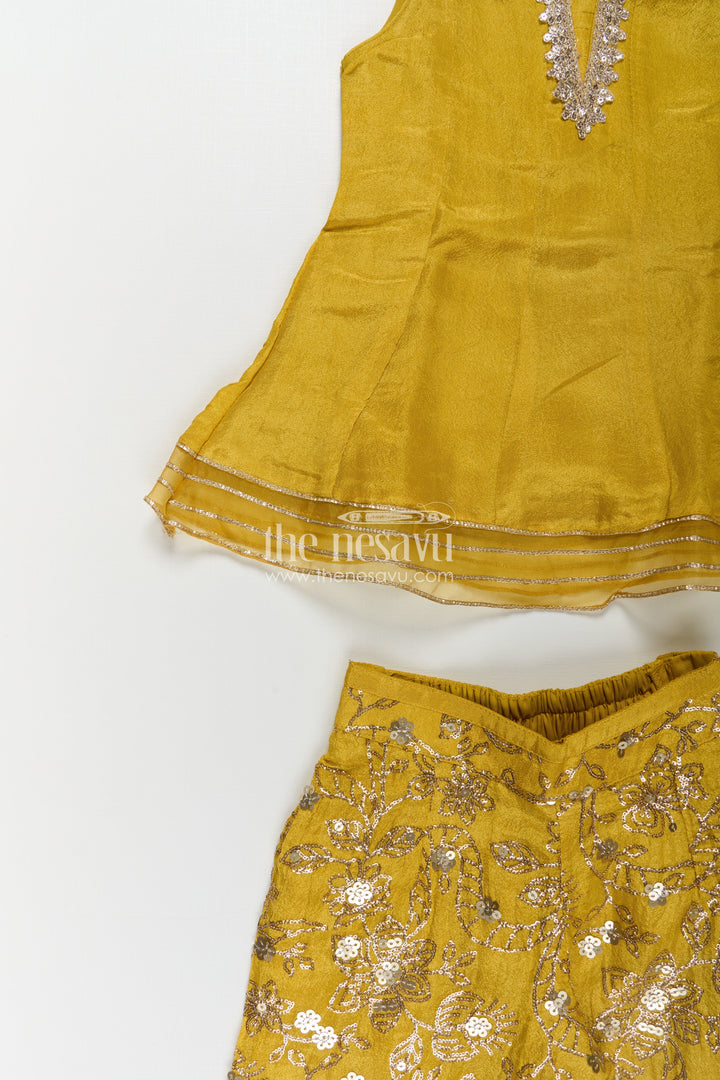 The Nesavu Girls Sharara / Plazo Set Girls Mustard Dress Of Sharara in Viscose Tissue with Designer Sequin Embroidered Pants Nesavu Girls Mustard Sharara Dress Sequin Embroidered Pants Dupatta Viscose Tissue | The Nesavu